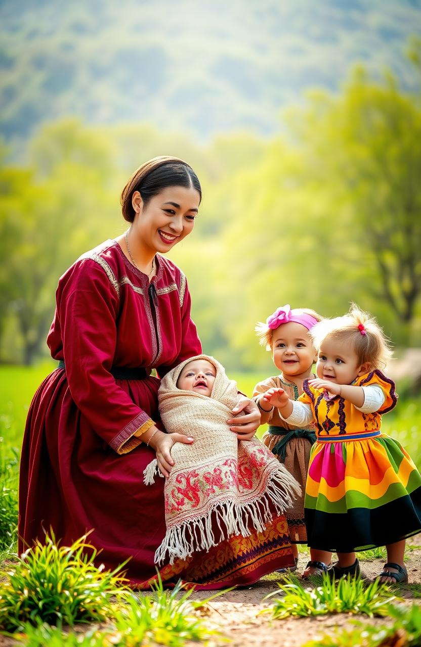 A loving mother dressed in traditional Voortrekker clothing, surrounded by her two cheerful children