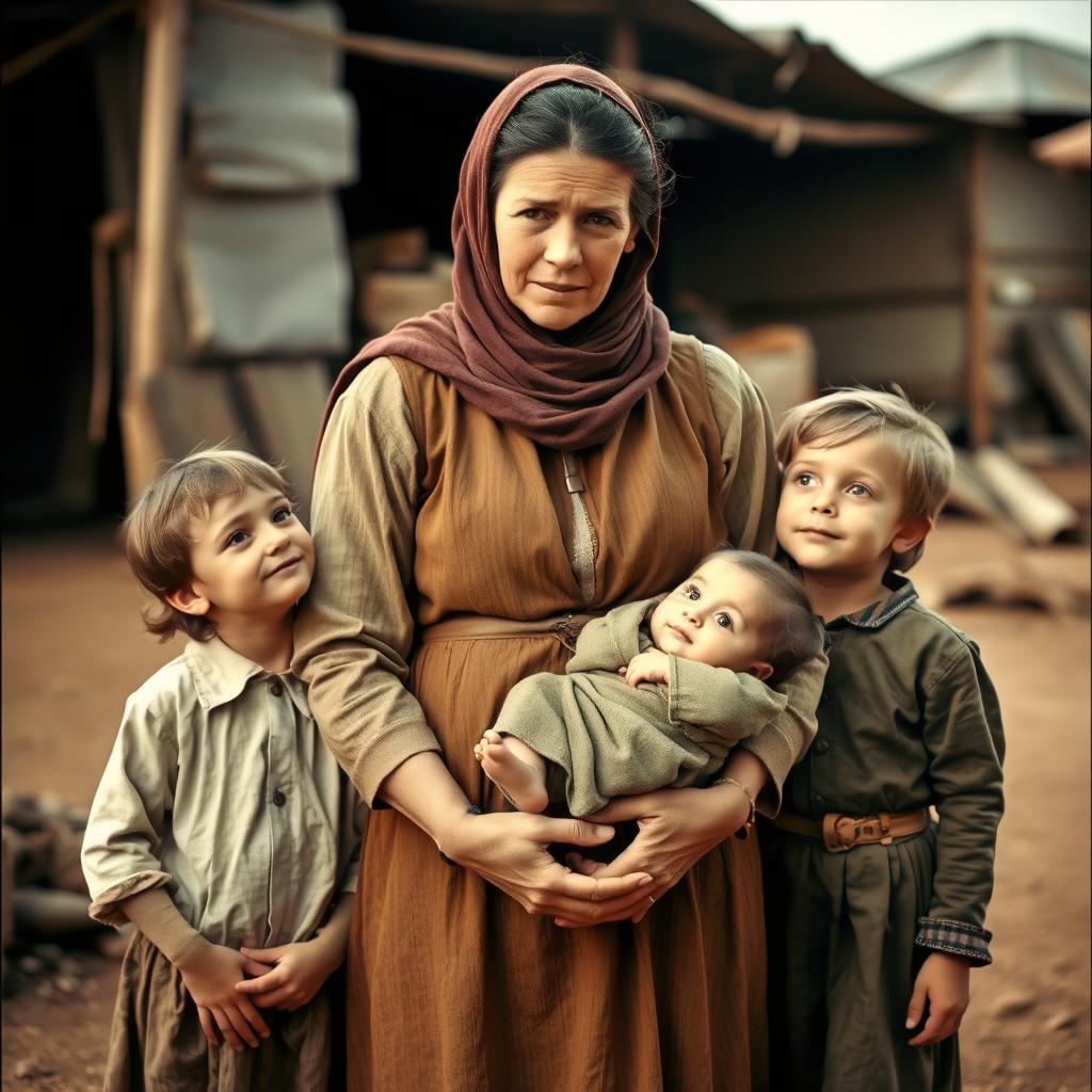 A resilient mother during the Anglo Boer War, dressed in period-appropriate clothing, stands protectively in front of her two children and a baby cradled in her arms