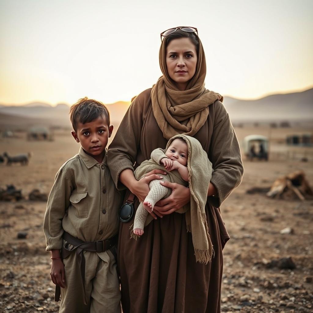 A strong mother during the Anglo Boer War in South Africa, dressed in period-appropriate, rugged clothing that reflects the hardships of the time