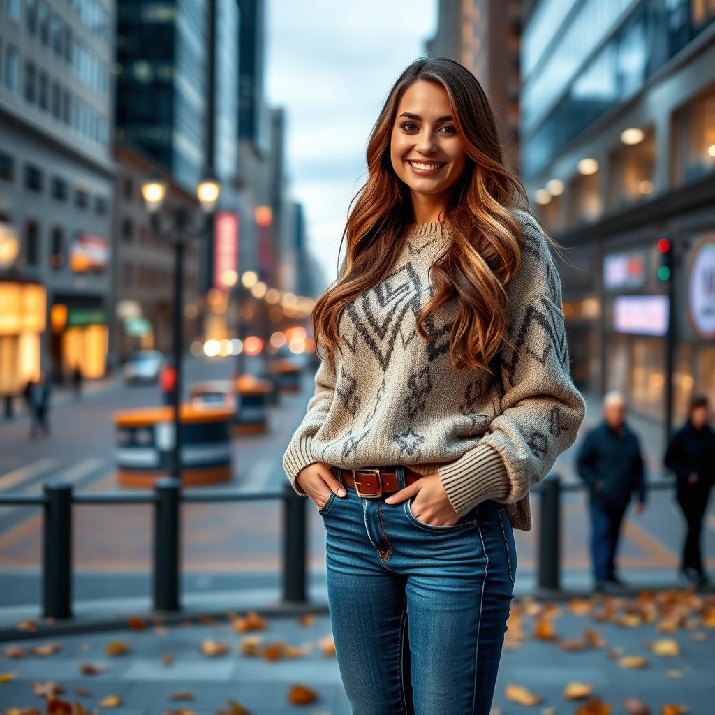 A beautiful woman dressed in stylish jeans and a cozy sweater, standing confidently in an urban setting