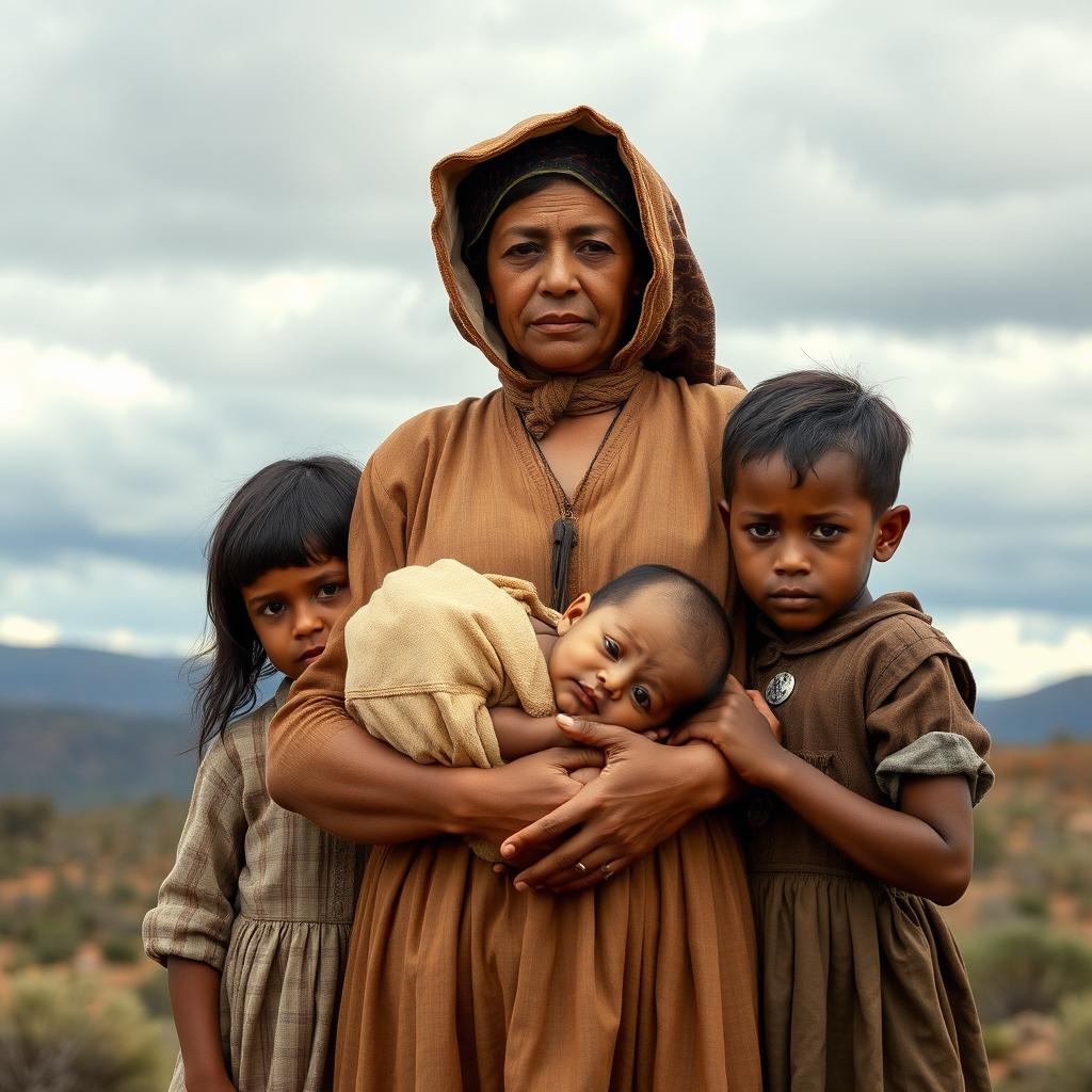 A determined mother wearing a traditional bonnet, portraying the style of 1901 during the Anglo Boer War in South Africa