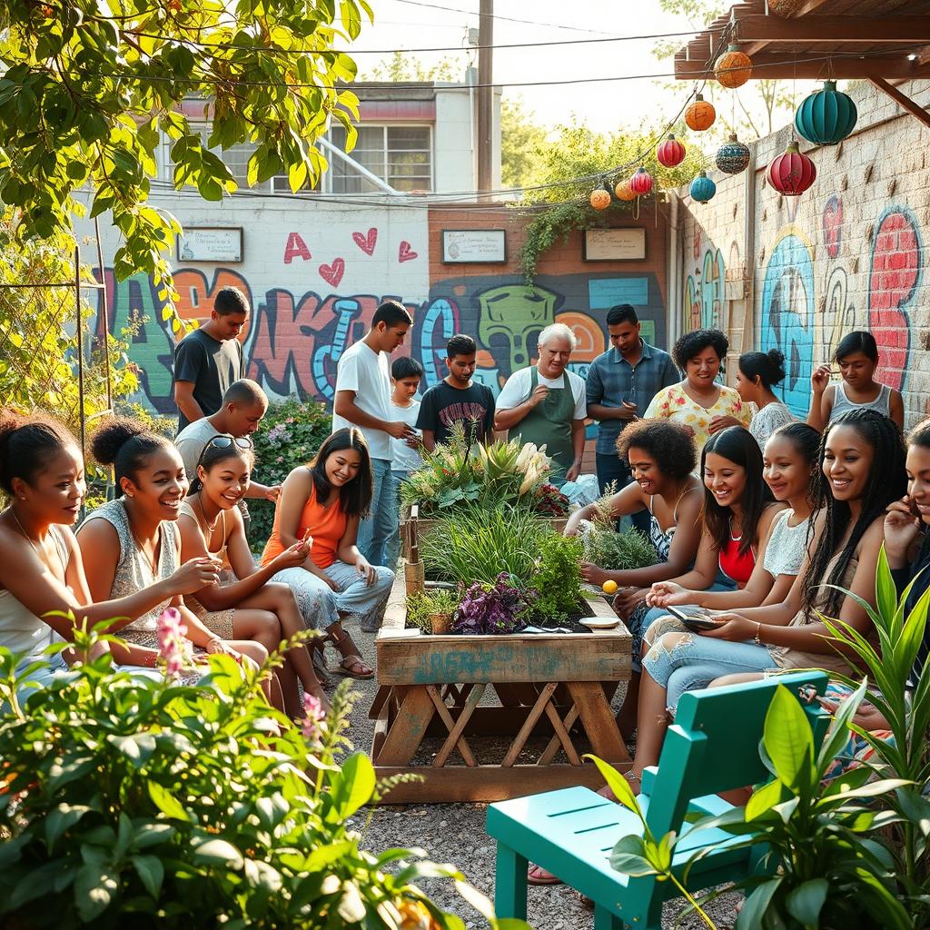 A vibrant community scene showcasing people from diverse backgrounds working together on various local projects that transform waste into beautiful art and functional objects