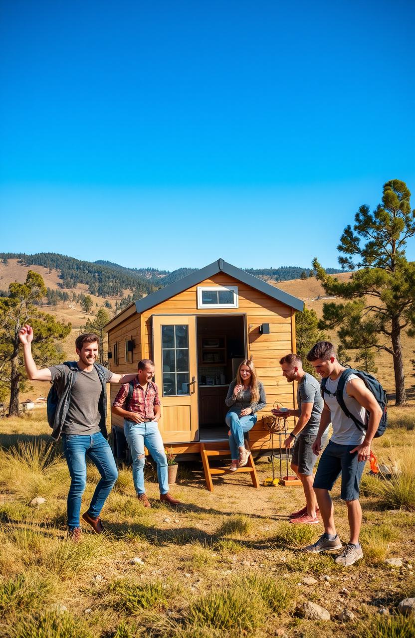 A vibrant and adventurous scene featuring a tiny home on wheels surrounded by nature