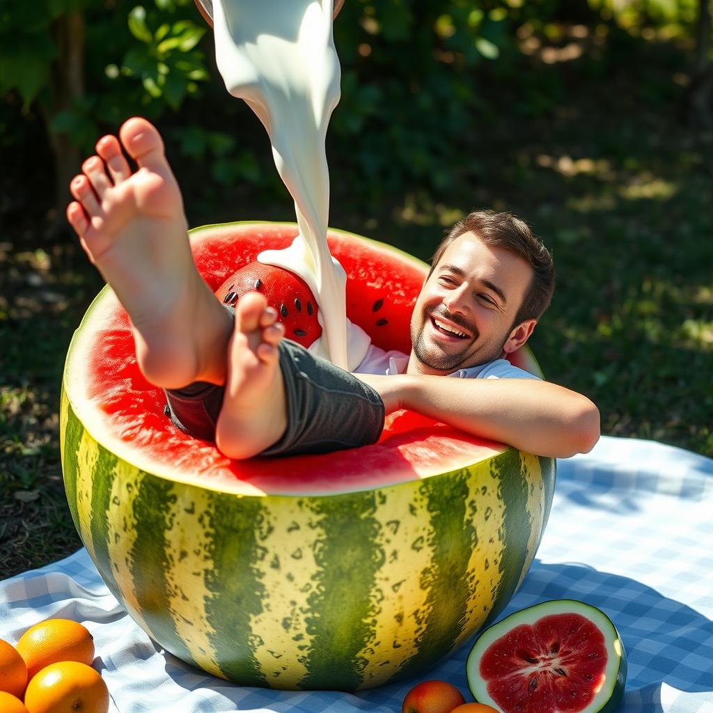 A whimsical scene featuring a man playfully sitting inside a large, vibrant watermelon with his toes sticking out from the top