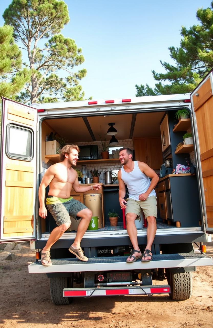 A creatively converted tiny home inside a box truck on wheels, featuring modern and rustic elements