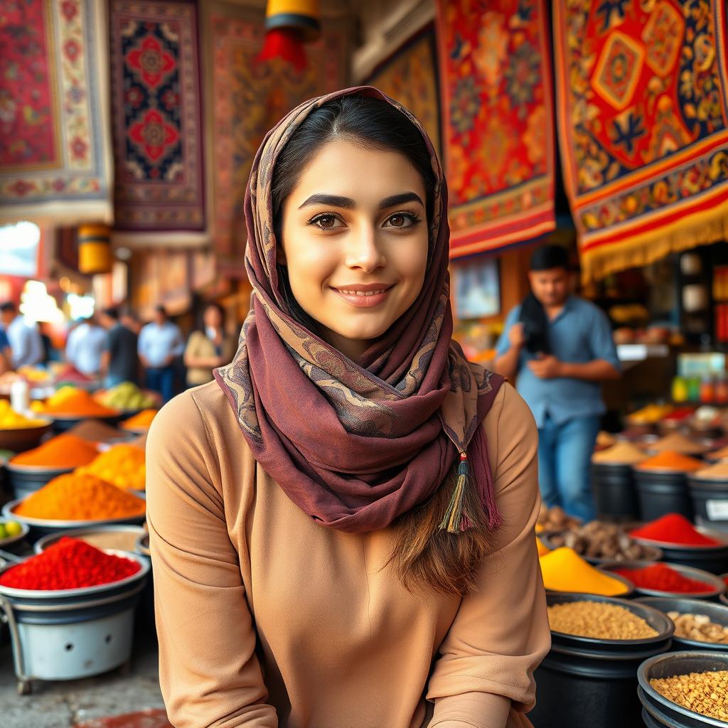 A beautiful young Iranian woman wearing a stylish headscarf, sitting in a vibrant outdoor market filled with colorful fruits and spices