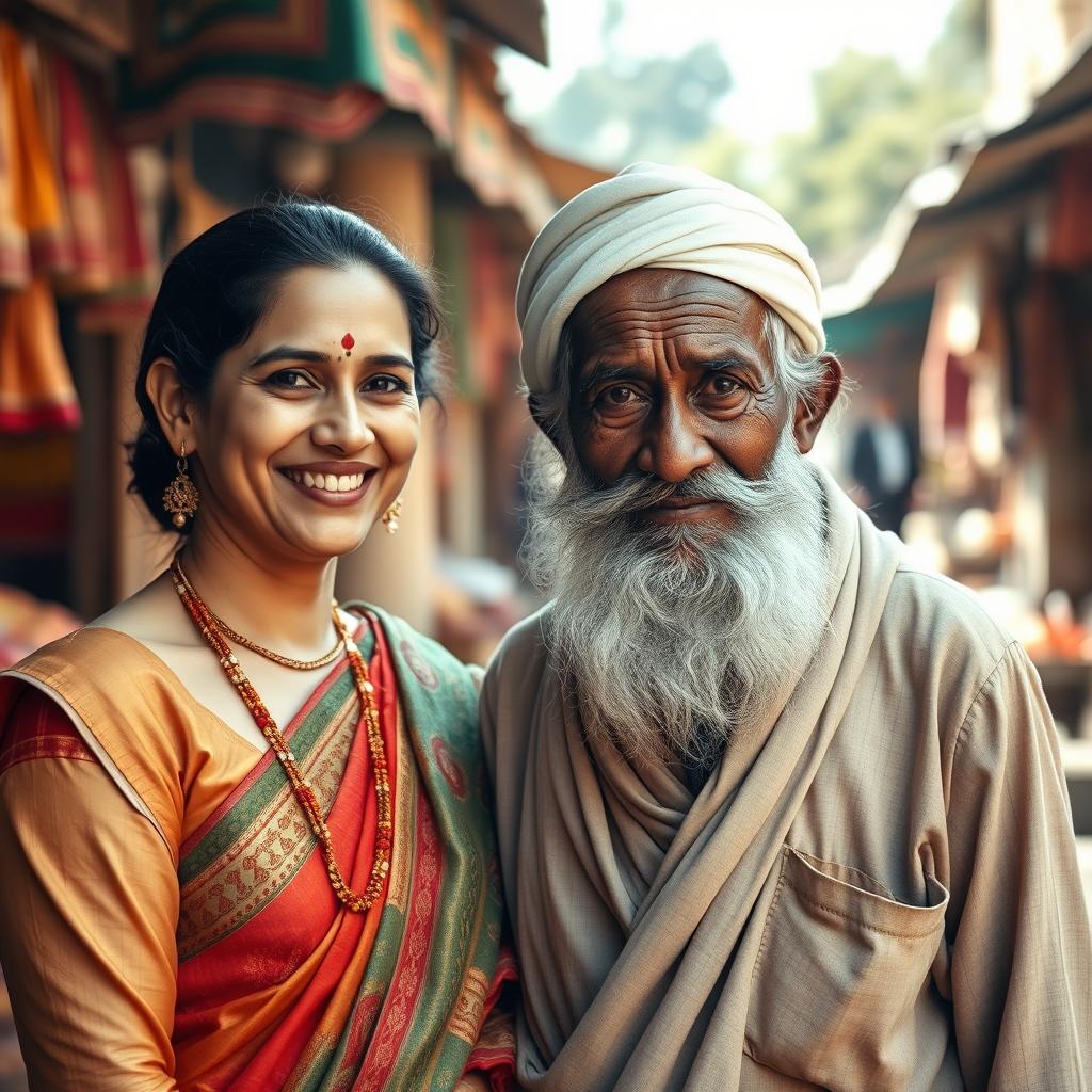 A candid moment of a Hindu married woman with a graceful appearance, wearing traditional attire, standing beside an elderly Muslim man with a weathered but wise face