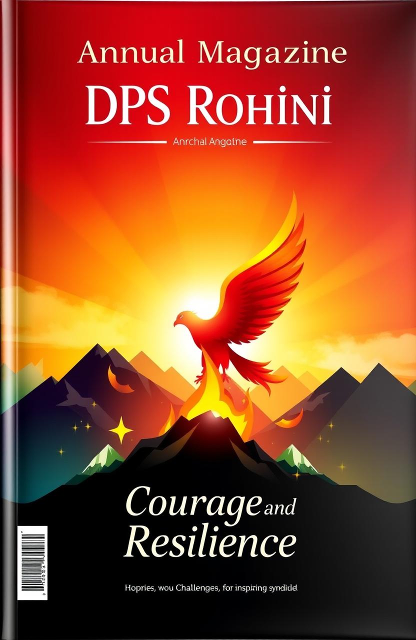 A striking book cover for the 'Annual Magazine of DPS Rohini', featuring the theme 'Courage and Resilience'
