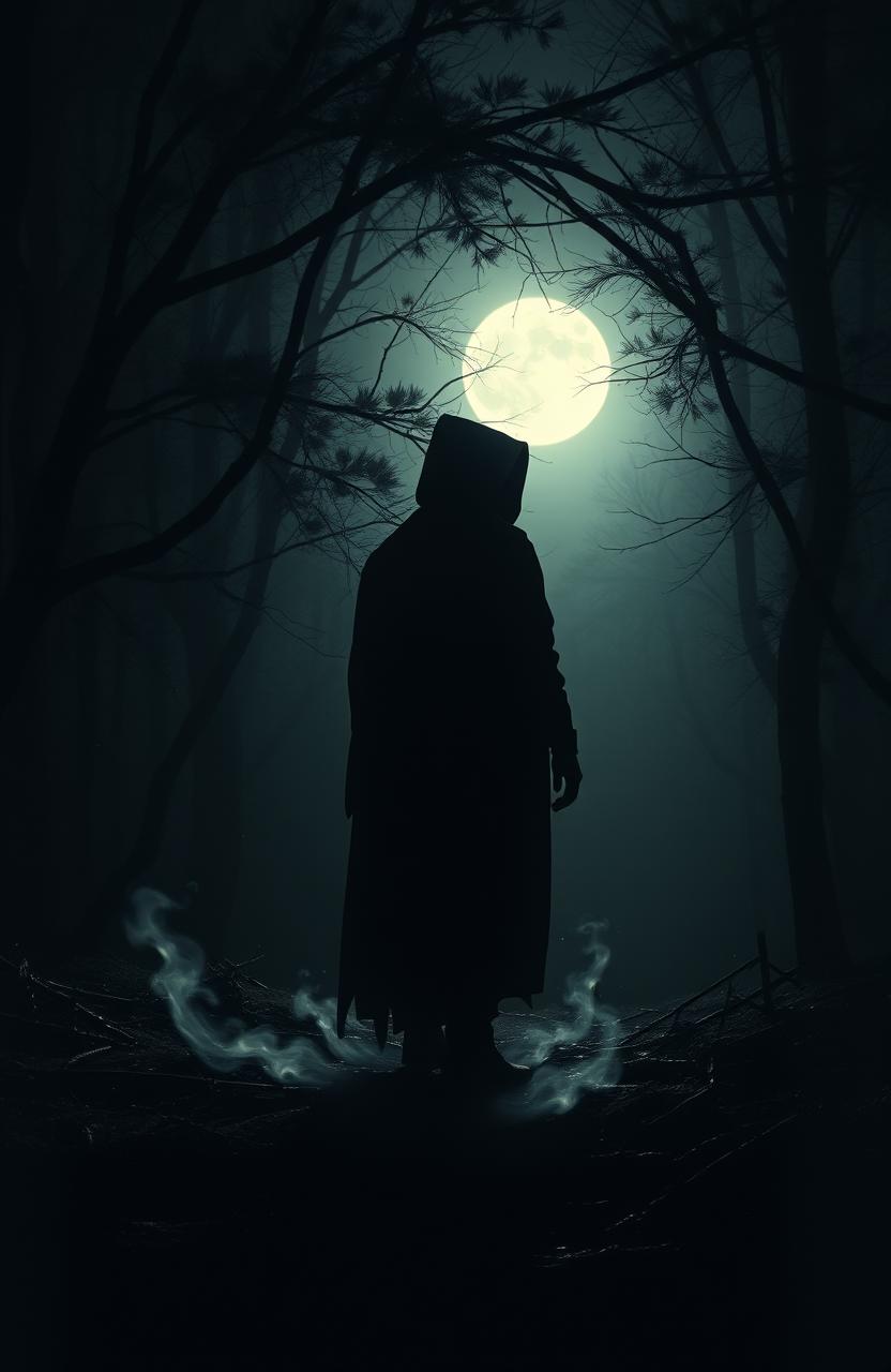 A captivating scene depicting a mysterious figure shrouded in shadows, standing in a dimly lit forest