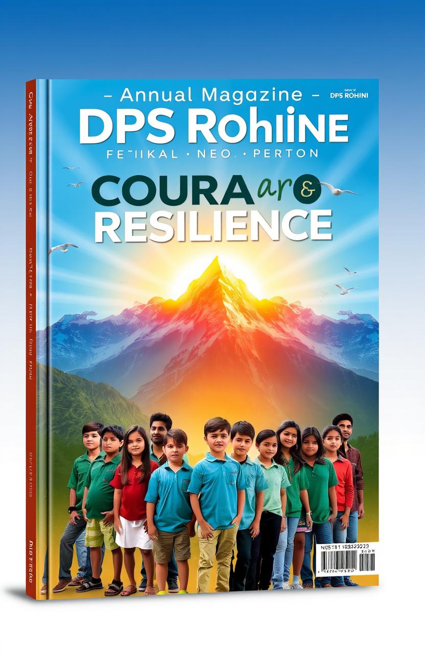 A visually striking book cover for the 'Annual Magazine of DPS Rohini' themed around 'Courage and Resilience'