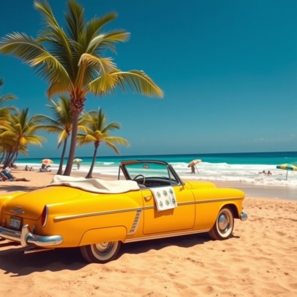 An idyllic beach scene featuring a golden sandy shore under a clear blue sky