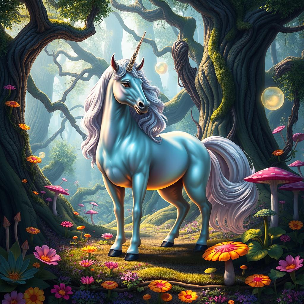 A mystical unicorn standing majestically in a vibrant fantasy forest, showcasing a shimmering, iridescent coat that glows softly in the dappled sunlight