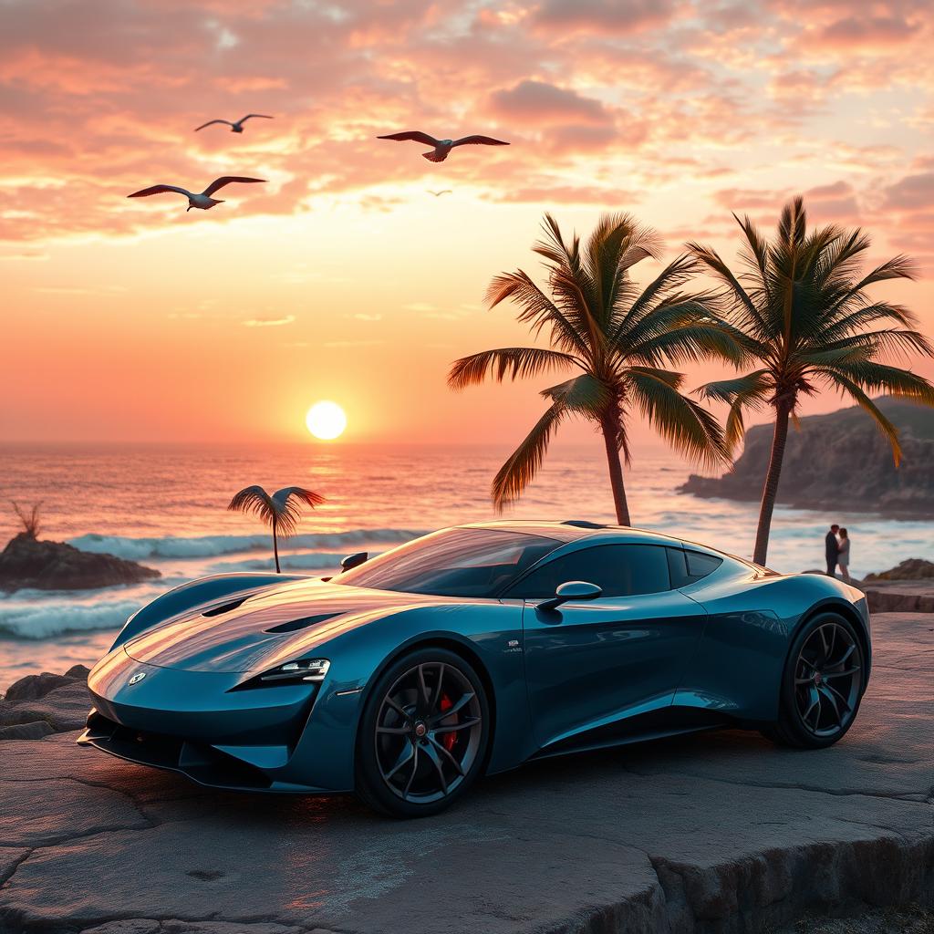 A sleek, futuristic auto playa (car) parked on a vibrant seaside cliff during sunset