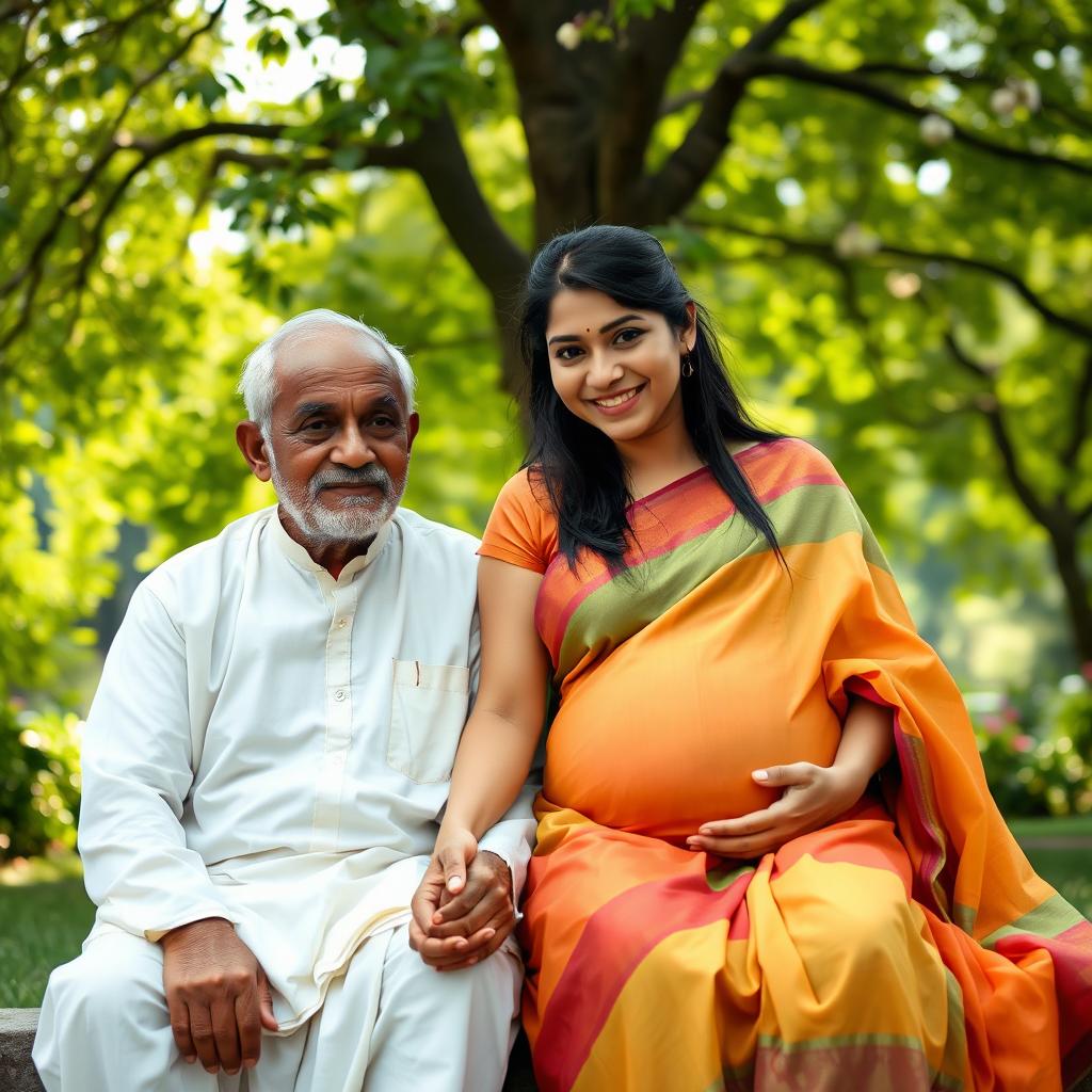 An old Muslim man and a young pregnant Hindu woman sitting together in a serene park setting