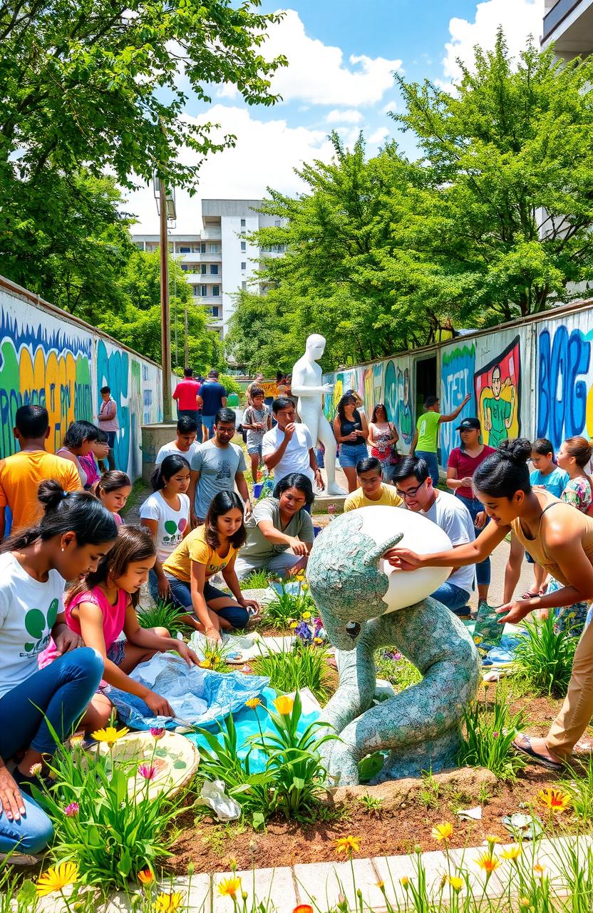 A vibrant community scene showcasing a transformation of waste materials into beautiful art installations