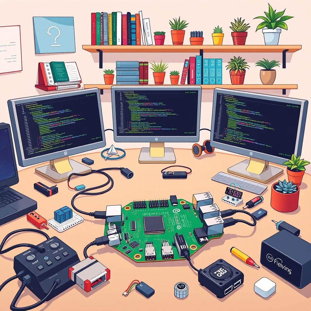 A detailed and colorful illustration of a Raspberry Pi in a tech-savvy setting, with various modules and accessories scattered around it