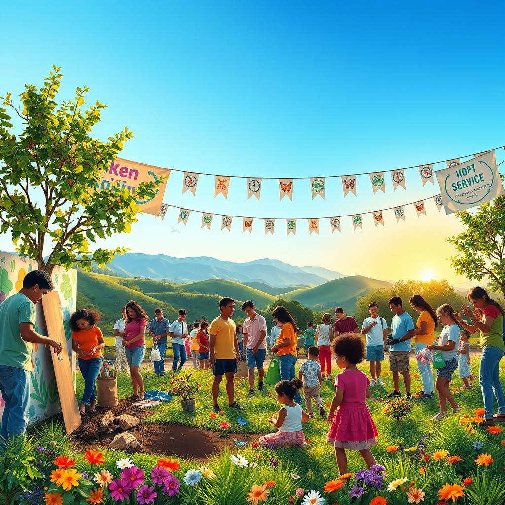 A vibrant community scene showcasing a diverse group of people engaging in local environmental actions
