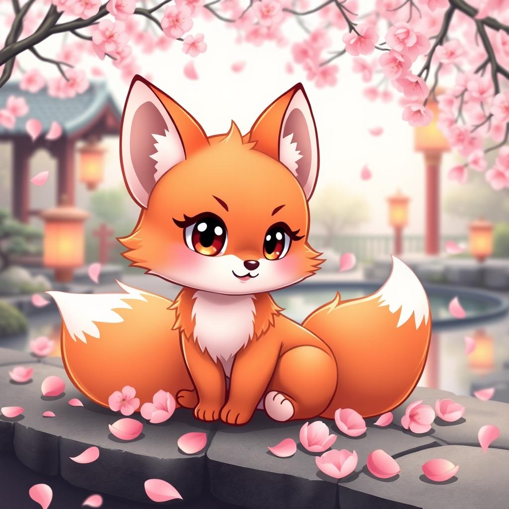 A cute chibi-style kitsune (Japanese fox spirit) with fluffy tails and large expressive eyes