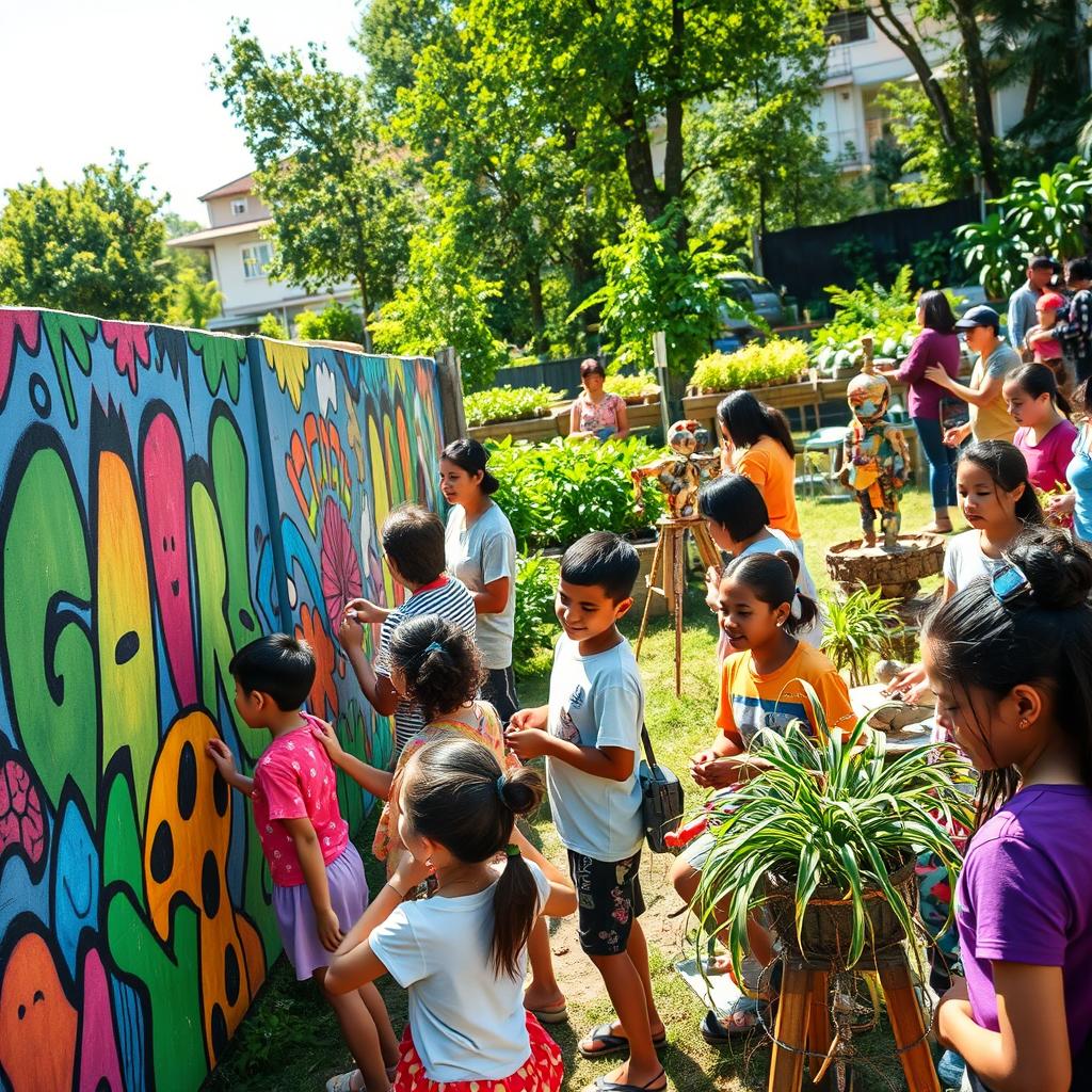 A vibrant community scene showing people engaging in various local actions to revitalize their environment, transforming waste into art