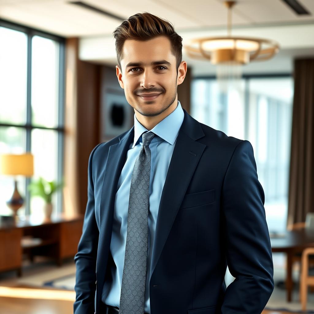 A stylish and sophisticated portrait of a confident male business professional wearing a well-fitted dark navy suit with a light blue dress shirt and a patterned tie