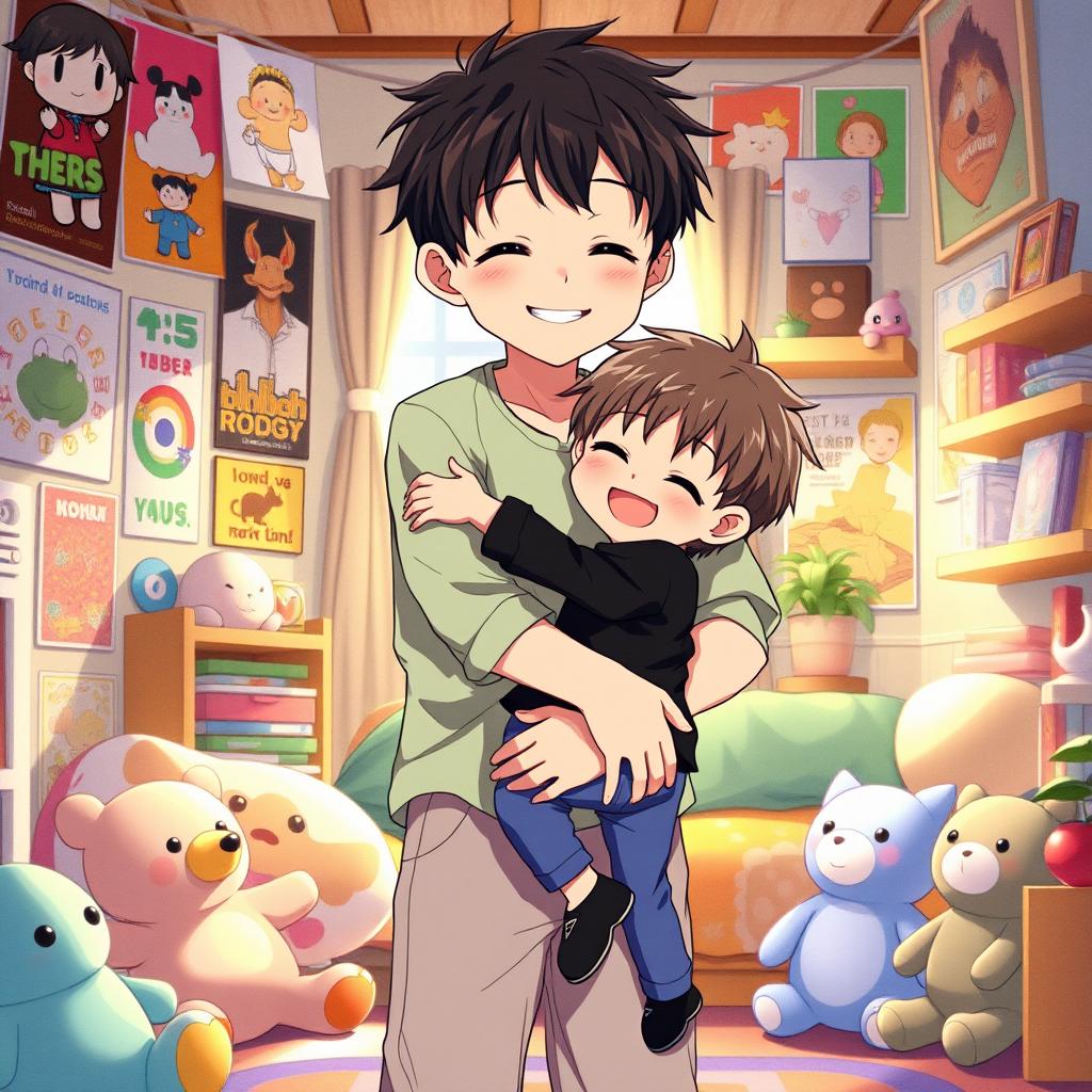 An anime scene depicting a young boy with light skin wearing a light green shirt and light skin-colored pants, embracing a little boy dressed in a black shirt and blue pants