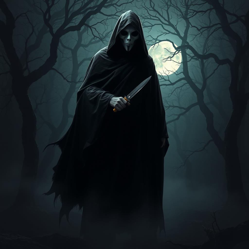 A dramatic and haunting portrayal of a character inspired by the iconic ghost face killer, wearing a flowing black cloak with a menacing white mask