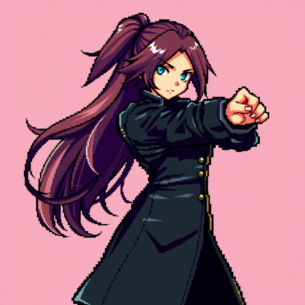 A pixel art style image of a long-haired girl wearing a sleek black leather coat, striking a dynamic pose reminiscent of characters from fighting games