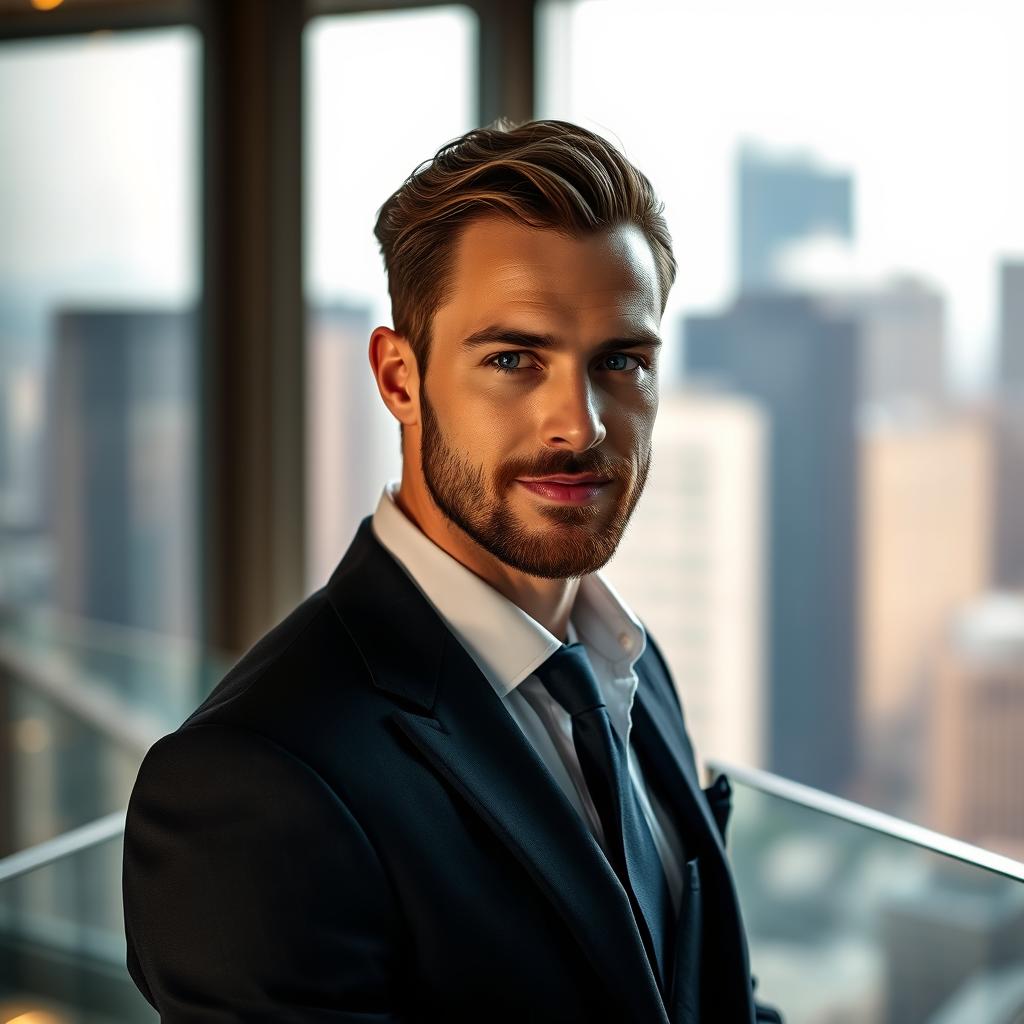 A stylish portrait of a man with a confident demeanor, posing like a celebrity