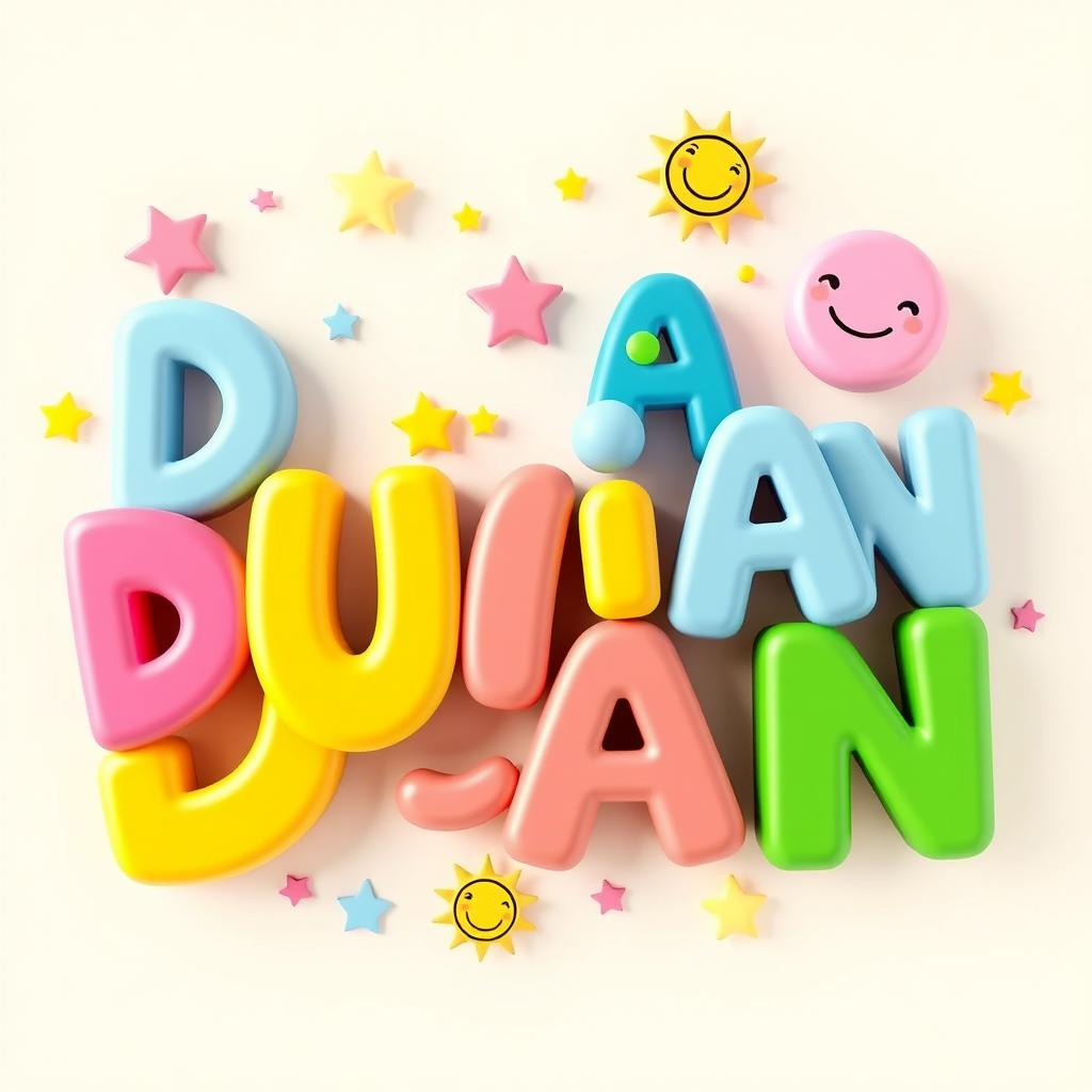 The name "DUŠAN" rendered in a colorful and playful 3D style, featuring bright and whimsical colors like pink, blue, yellow, and green