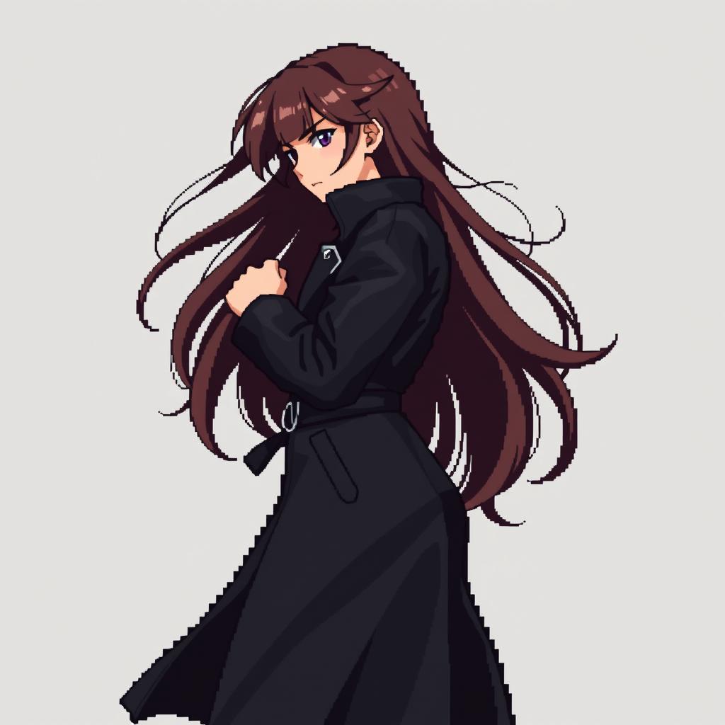 A pixel art character of a girl with long flowing hair, dressed in a sleek black leather coat, standing in a dynamic fighting game pose