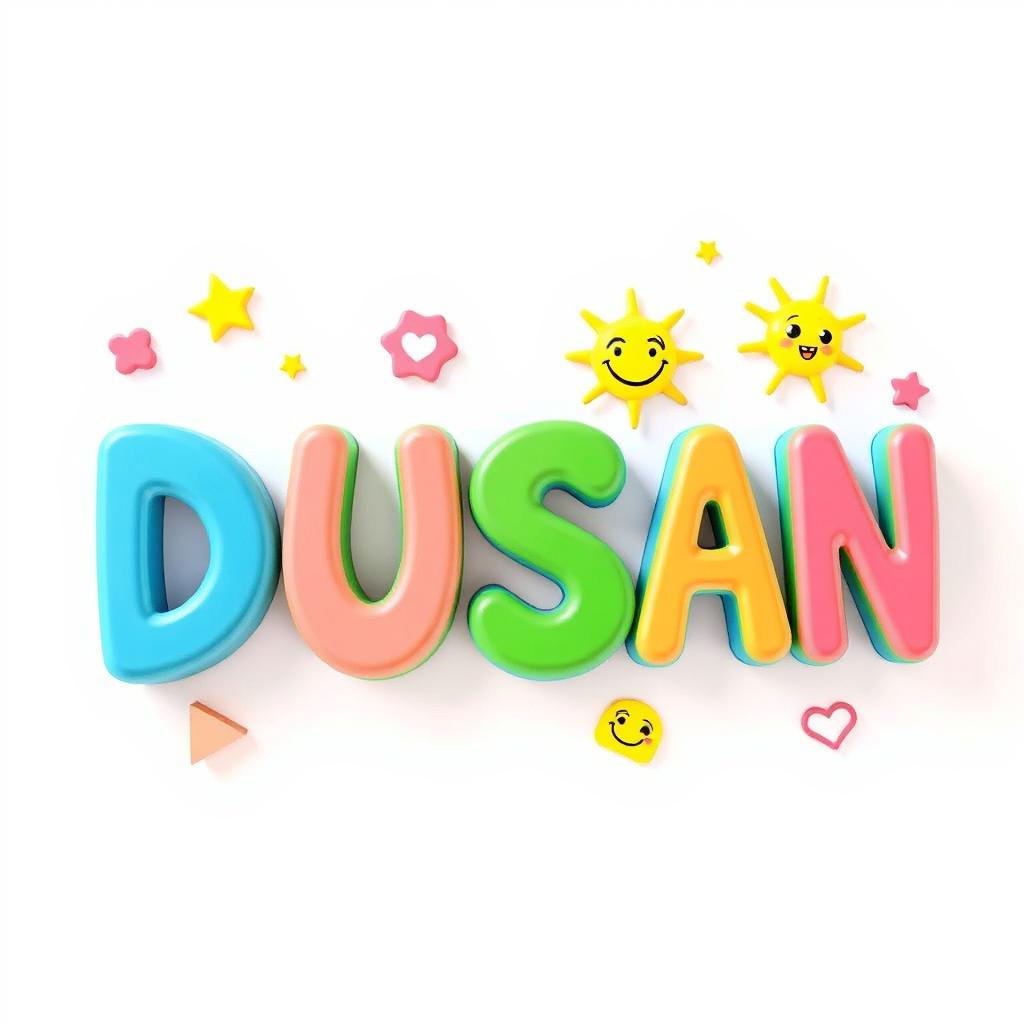 The name "DUSAN" rendered in a colorful and playful 3D style, featuring bright and whimsical colors like pink, blue, yellow, and green