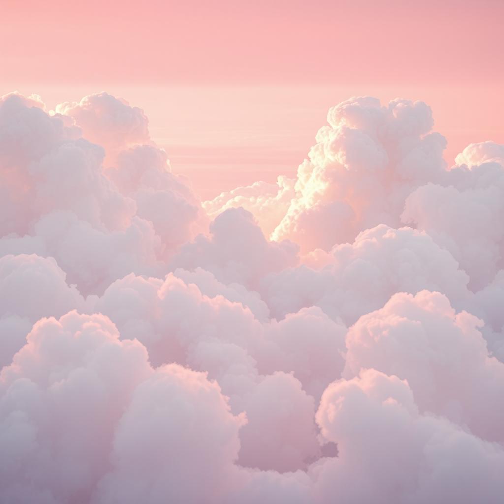 A breathtaking view of a pastel pink sky adorned with fluffy white clouds, creating a serene and dreamlike atmosphere