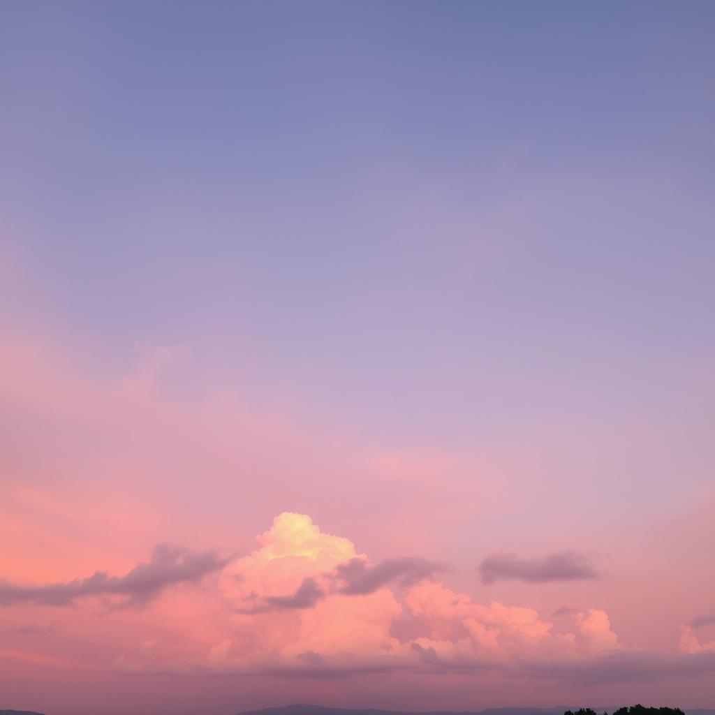 A serene landscape featuring a pink sky adorned with fluffy white clouds