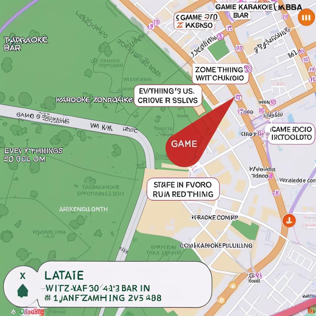 Draw me white zone around laif karaoke bar and eveything else is red zone. On the sides of the image make a text saying game zonw coming in 1:30