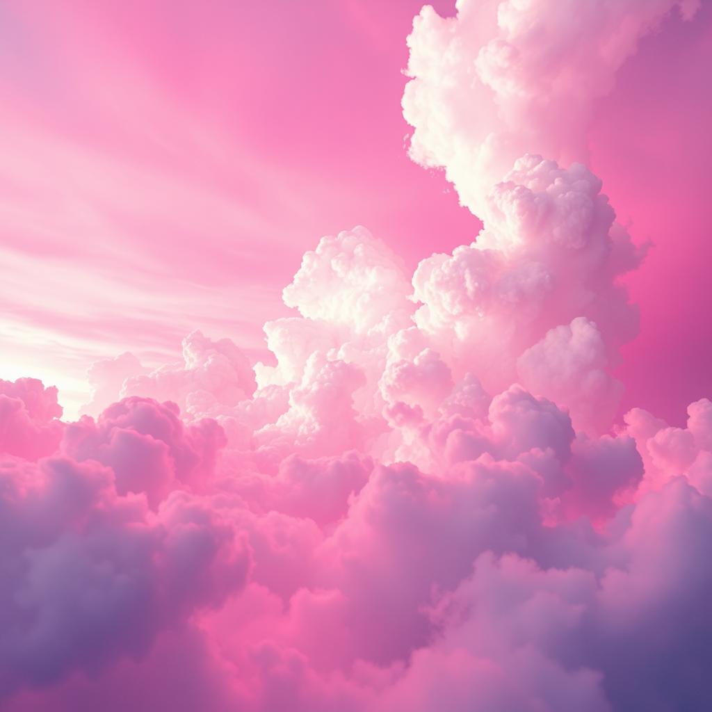 A stunning landscape featuring a vibrant neon pink sky filled with fluffy white clouds, casting a dreamy and surreal atmosphere