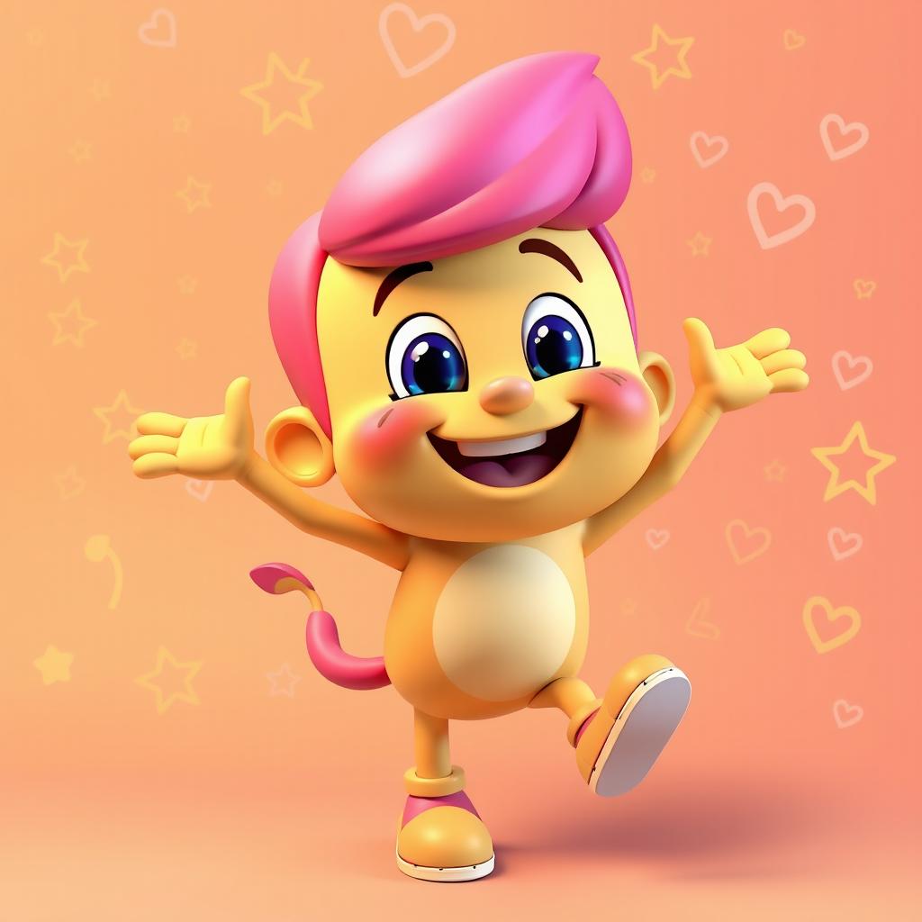 A vibrant 3D character named "DUSAN" joyfully dancing in a playful and kid-friendly style