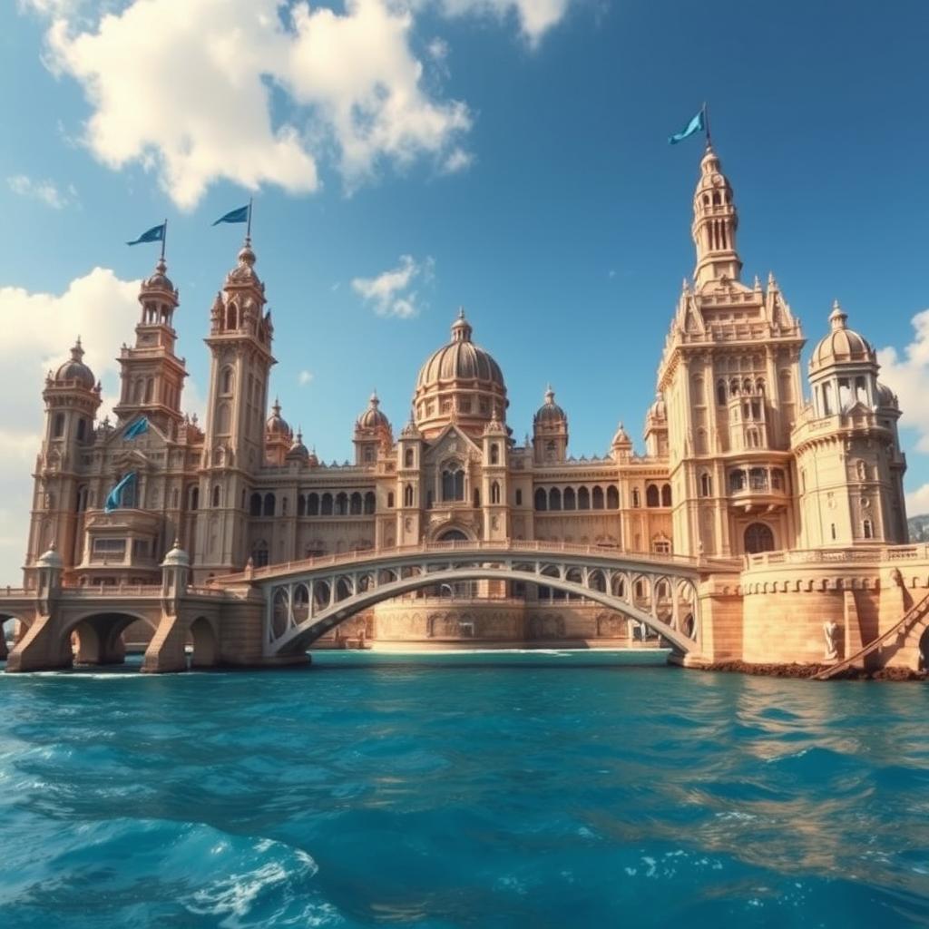 An extraordinarily large and grand palace featuring tall, majestic towers and turrets, adorned with fluttering blue flags