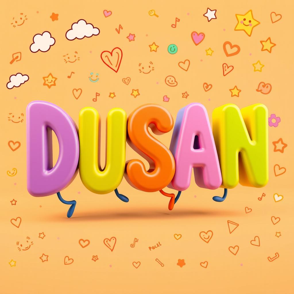 A playful 3D depiction of the letters "DUSAN" dancing joyfully in a kid-friendly style