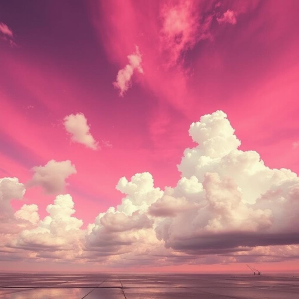 A breathtaking view of a neon pink sky filled with fluffy white clouds, captured from a low floor perspective