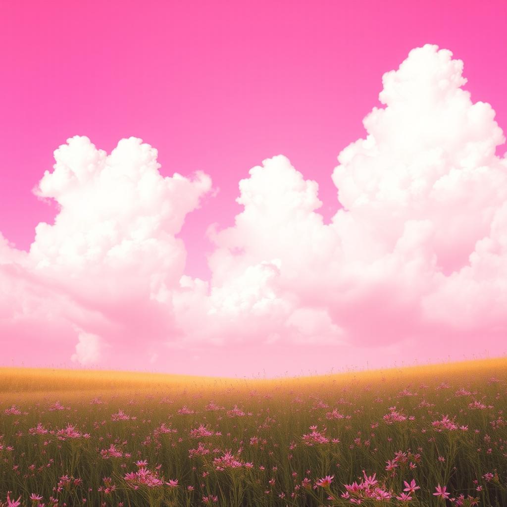 A dreamy landscape featuring a vibrant pink sky adorned with fluffy white clouds, casting a soft glow over the scene