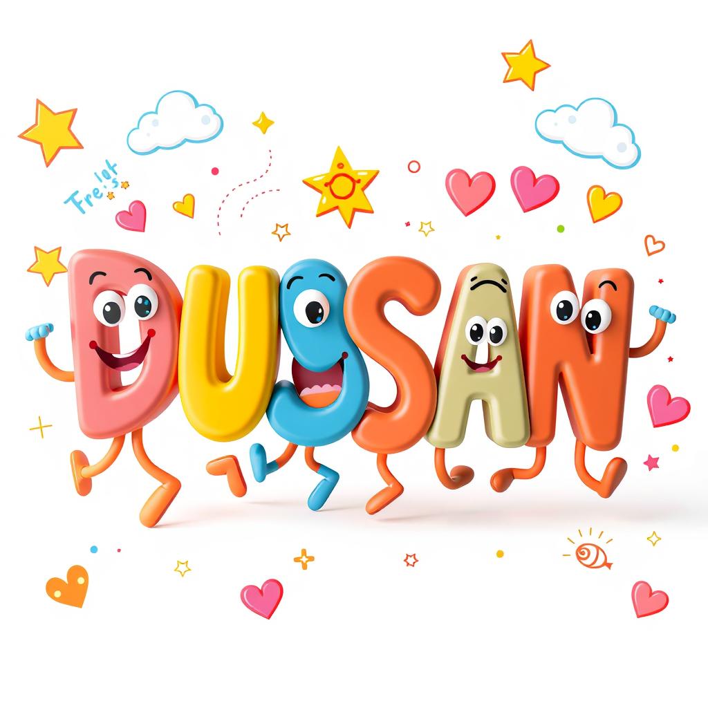 A delightful 3D representation of the letters "DUSAN" dancing energetically, each letter adorned with cute eyes and wide smiles to enhance their playful character
