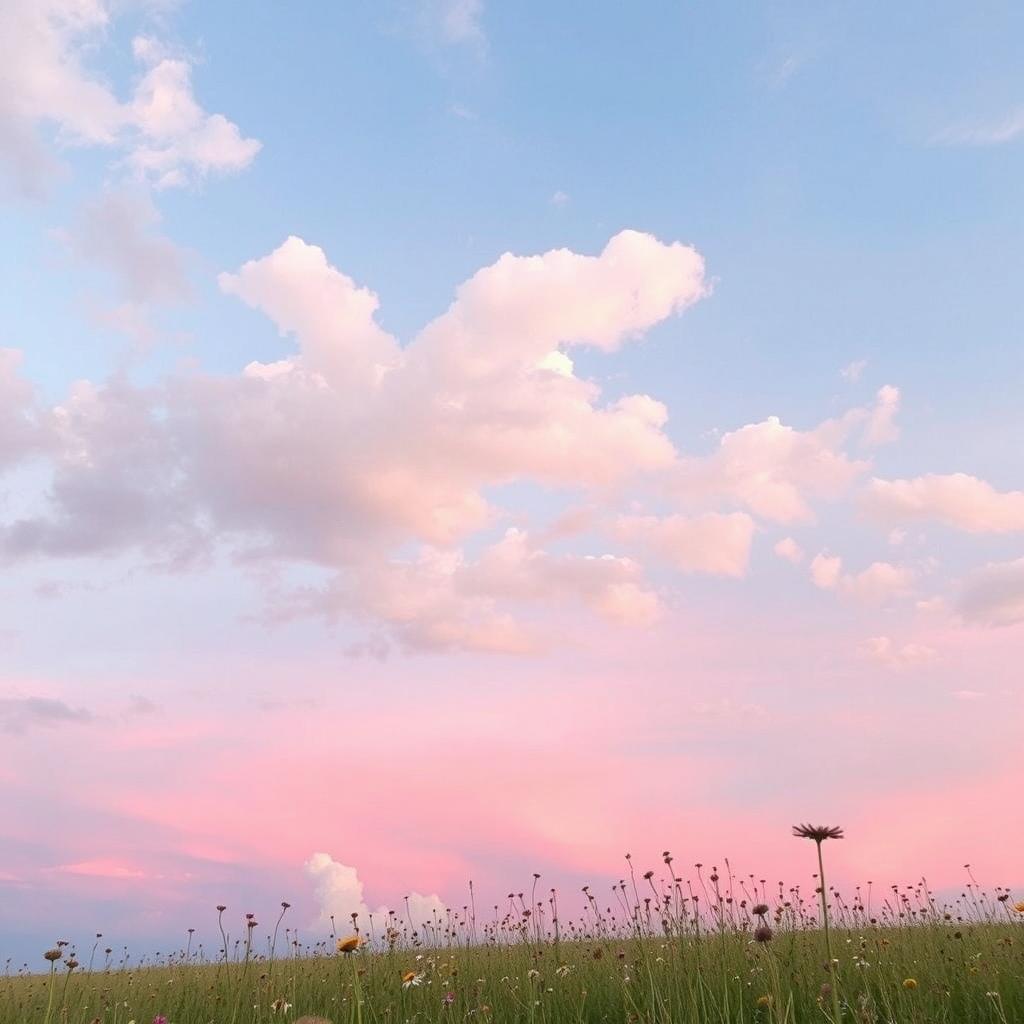 A serene landscape featuring a pink sky dotted with fluffy white clouds, reflecting a dreamy sunset atmosphere