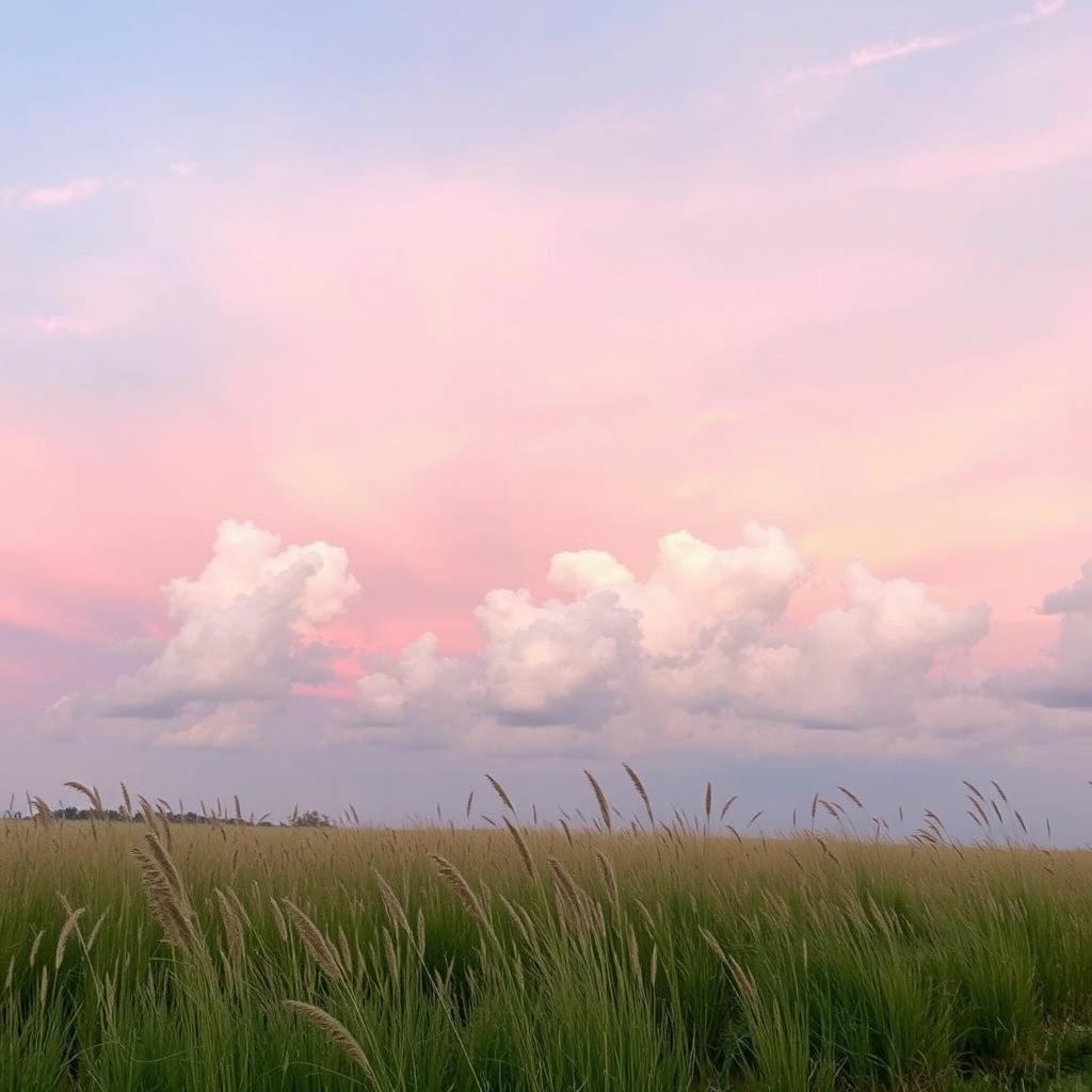 A serene landscape featuring a stunning pink sky softly illuminated by the setting sun, scattered with fluffy white clouds floating gently