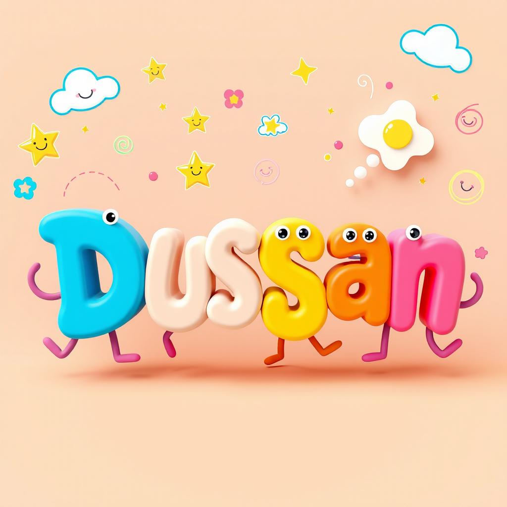 A charming 3D display of the letters "Dusan" dancing happily, each letter characterized by adorable eyes and cheerful smiles, showcasing a playful and kid-friendly design