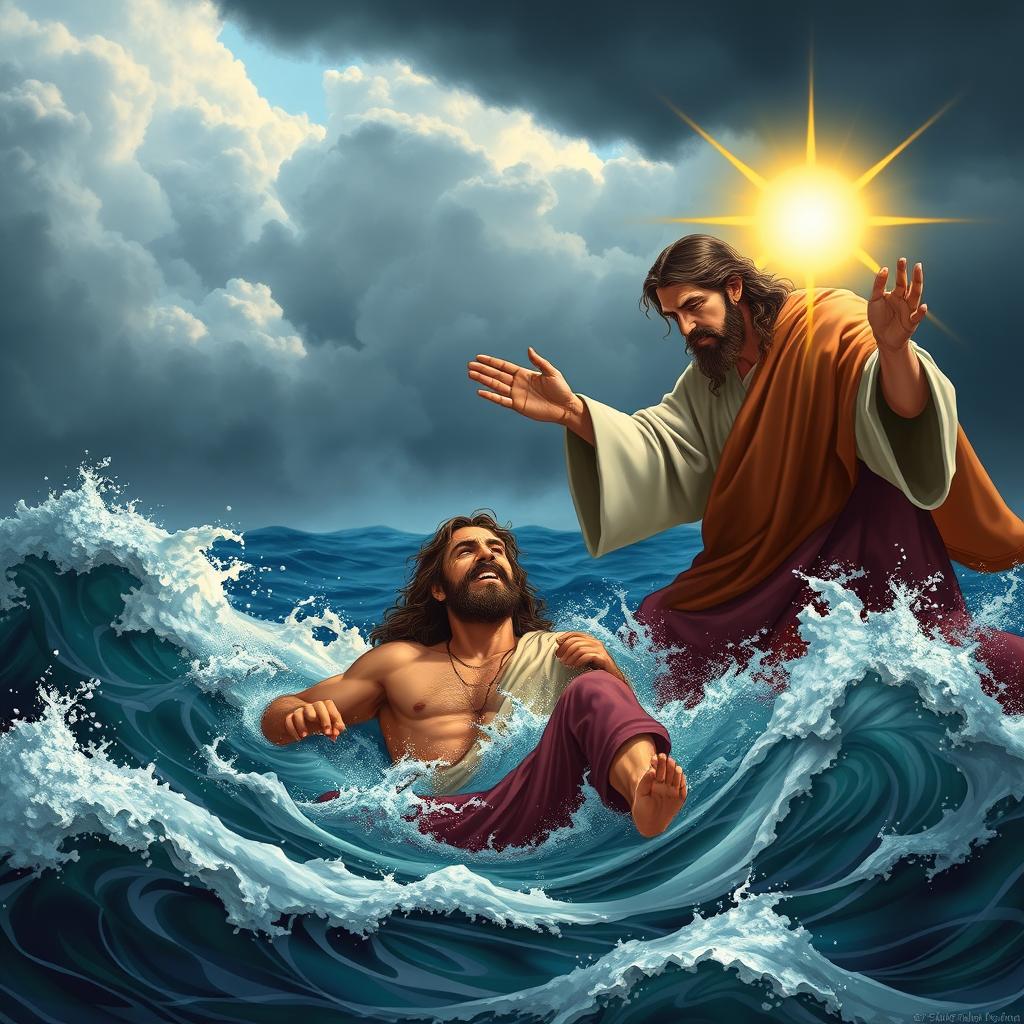 A dramatic scene of Apostle Peter drowning in turbulent waters, struggling against the waves, while Jesus reaches out to him with a compassionate expression, pulling him to safety