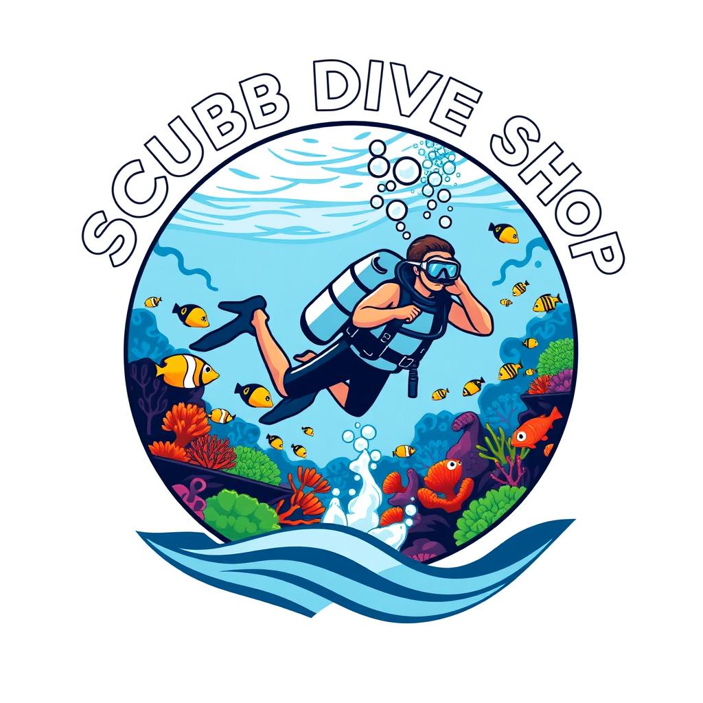 A detailed and vibrant SCUBA dive logo featuring an illustration of a diver in full SCUBA gear exploring a colorful coral reef filled with tropical fish