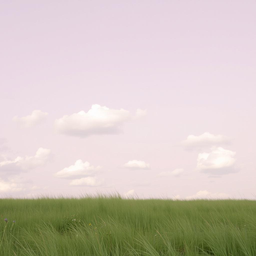 A serene landscape featuring a soft pink sky dotted with fluffy white clouds