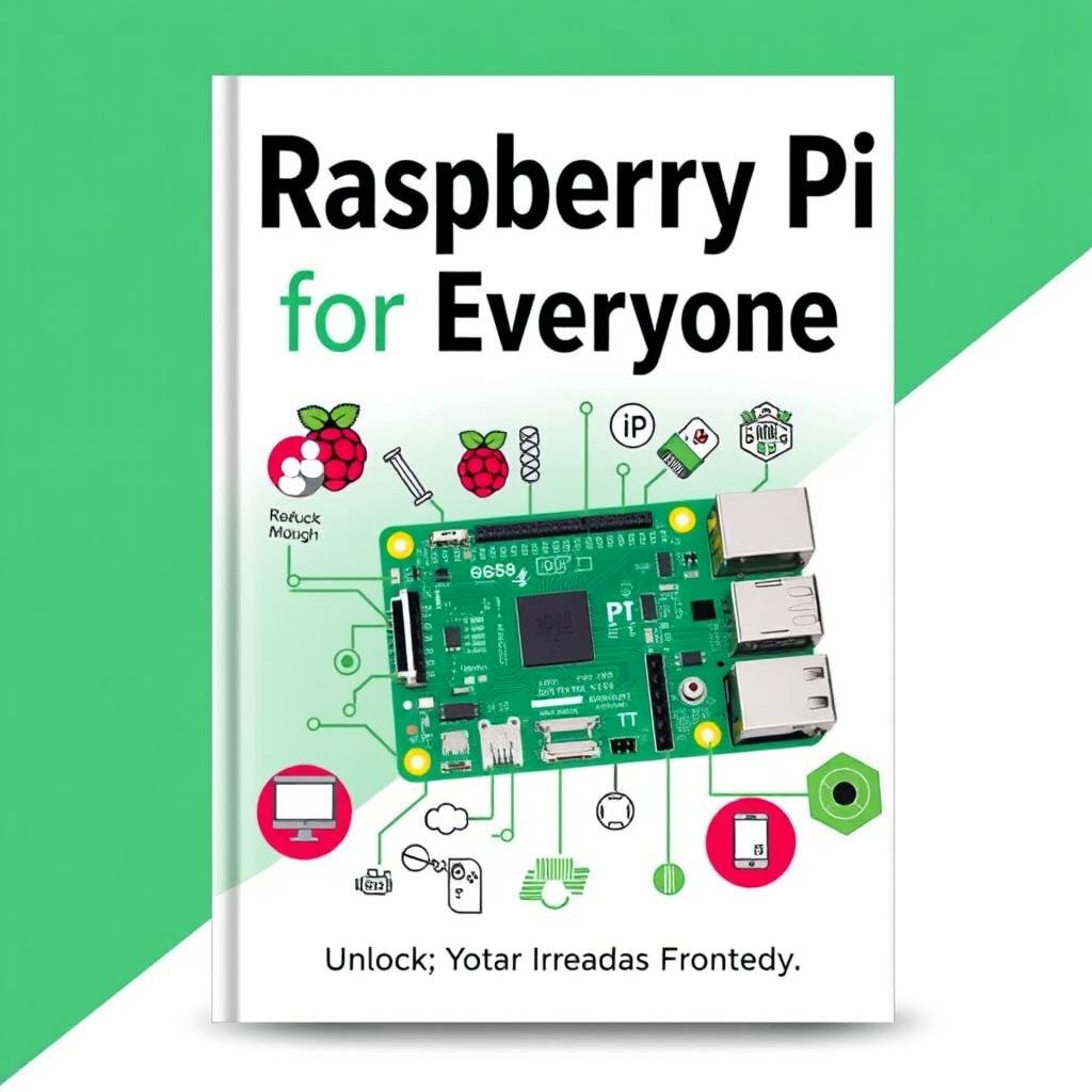 An engaging book cover design for a Raspberry Pi guide titled 'Raspberry Pi for Everyone'