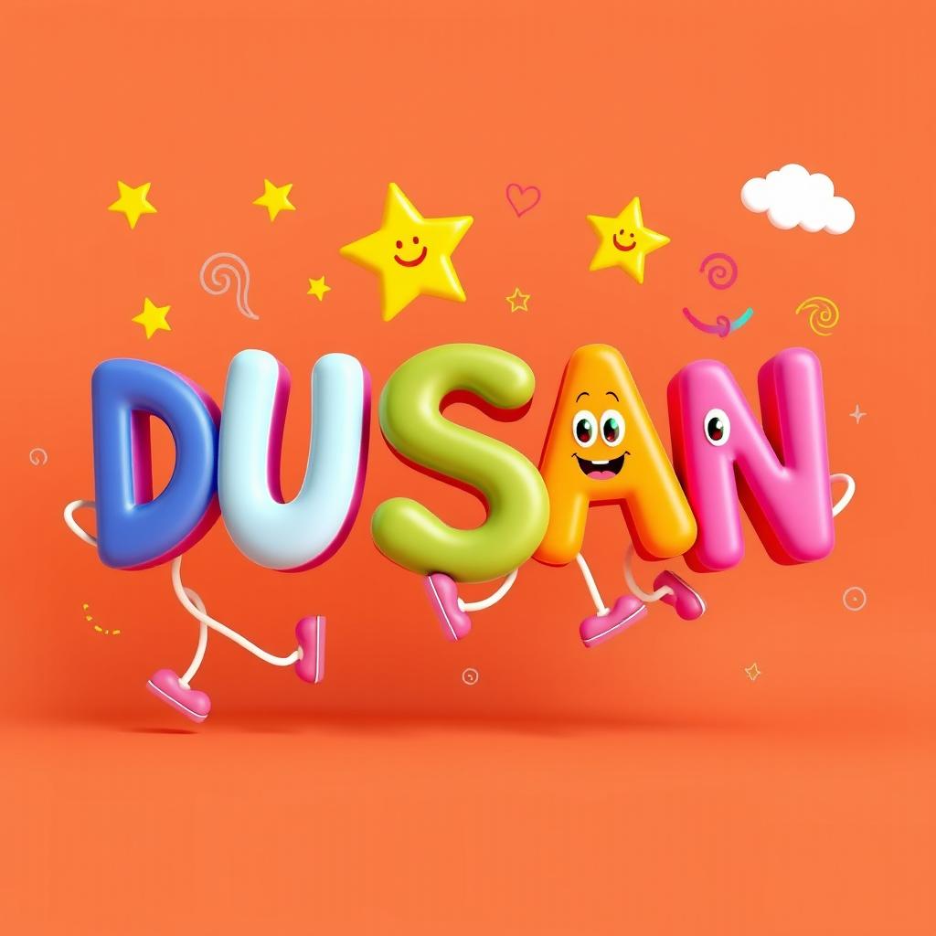 A vibrant 3D artwork featuring the letters "DUSAN" dancing playfully, each letter having cute eyes and cheerful smiles that bring them to life