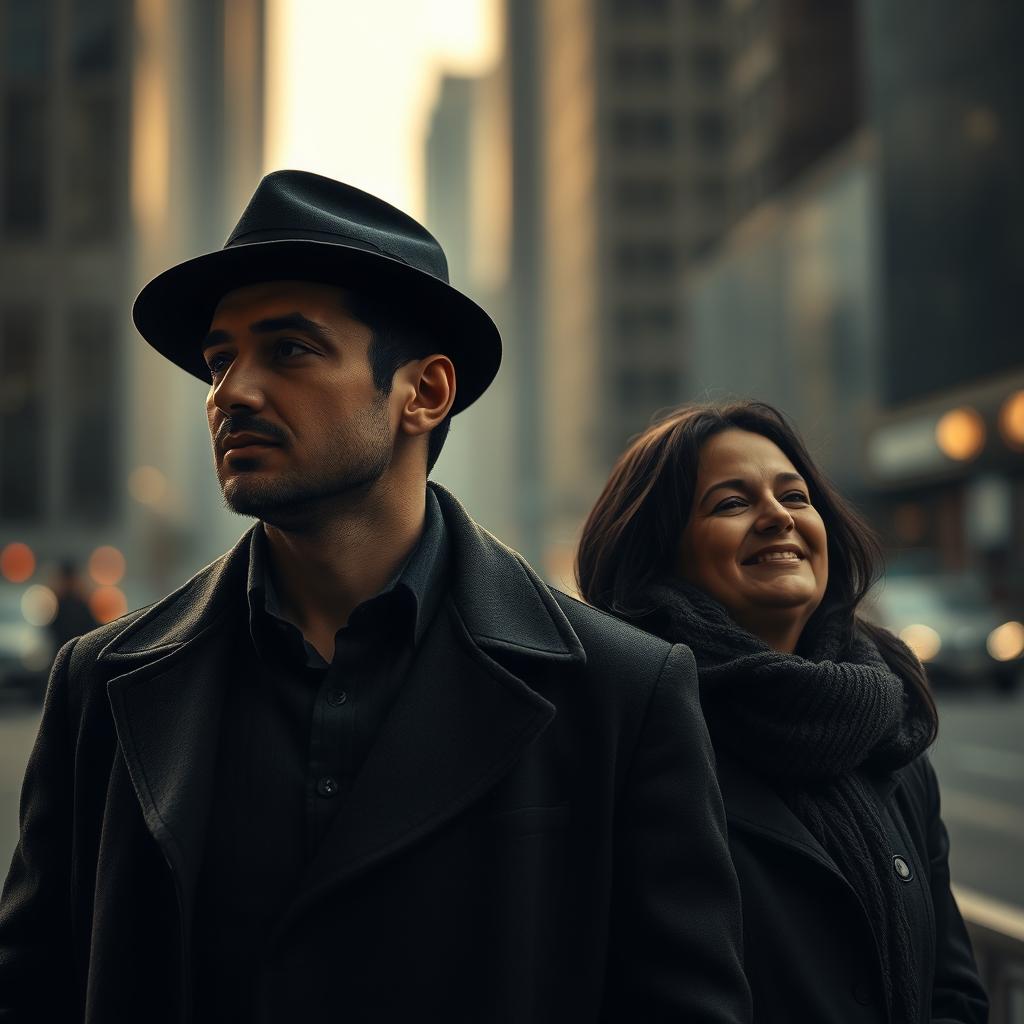 A mysterious man standing next to a person, with his face obscured by shadows or a hat